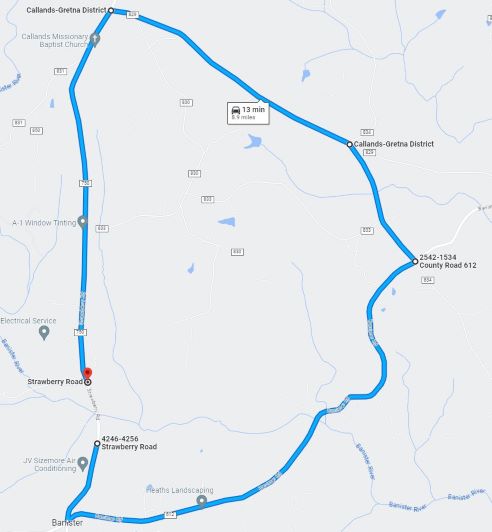 Map showing detour for section of Route 750 Strawberry Road temporary closure