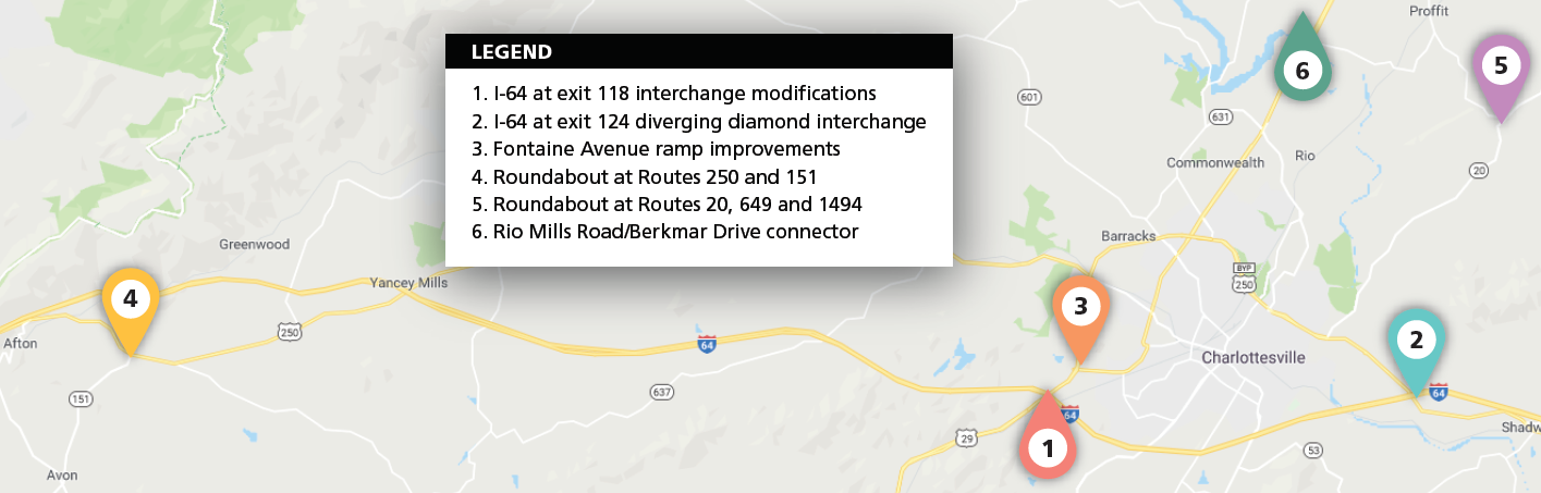 Map with locations of the six projects in the Albemarle Design Build Bundle